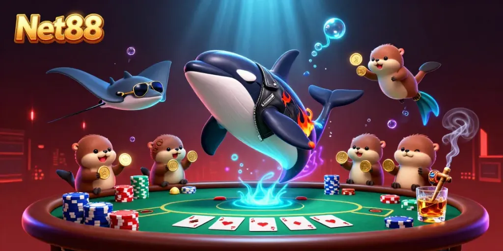 Experience the excitement of Net88's gaming with lively sea creatures and casino elements in action.