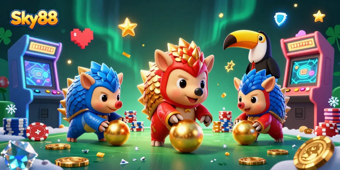 Engage with Sky88's exciting gameplay featuring colorful pangolins amidst vibrant casino imagery.