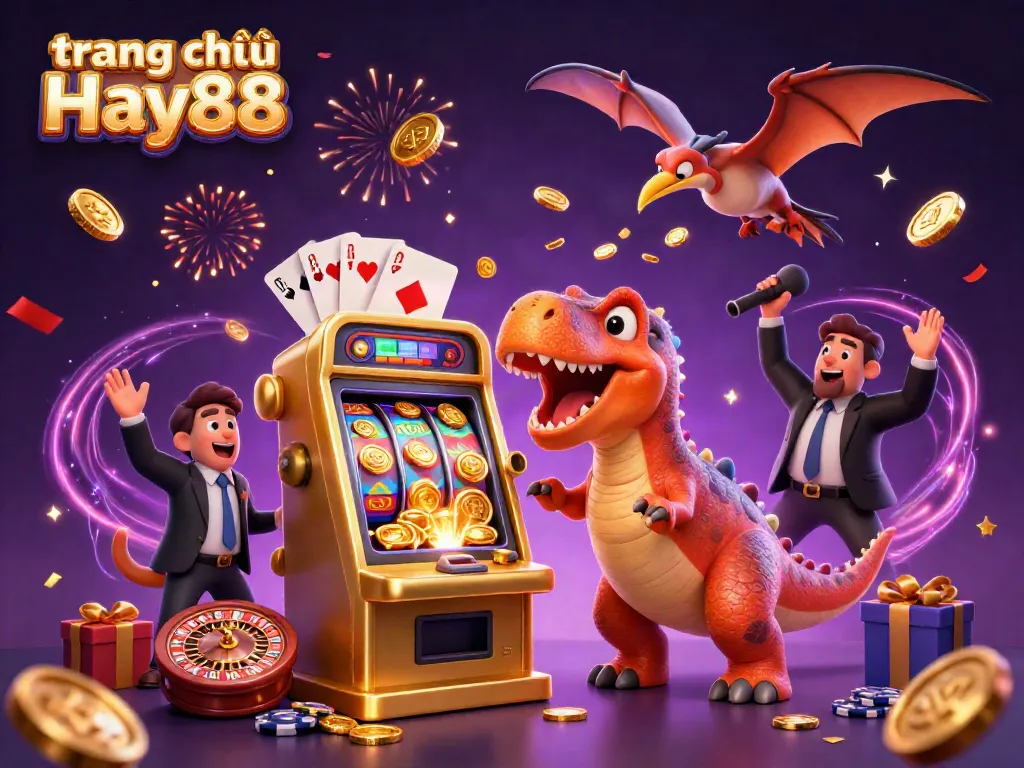 Experience the excitement of gambling with the dynamic scene featuring the trang chủ Hay88 casino, where a 3D dinosaur celebrates a jackpot!