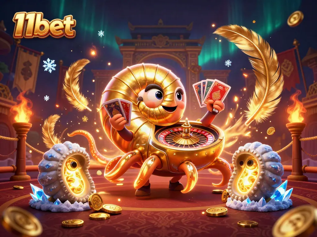 Experience the dynamic world of 11bet with a giant nautilus, cards, and golden elements in this 3D casino illustration.