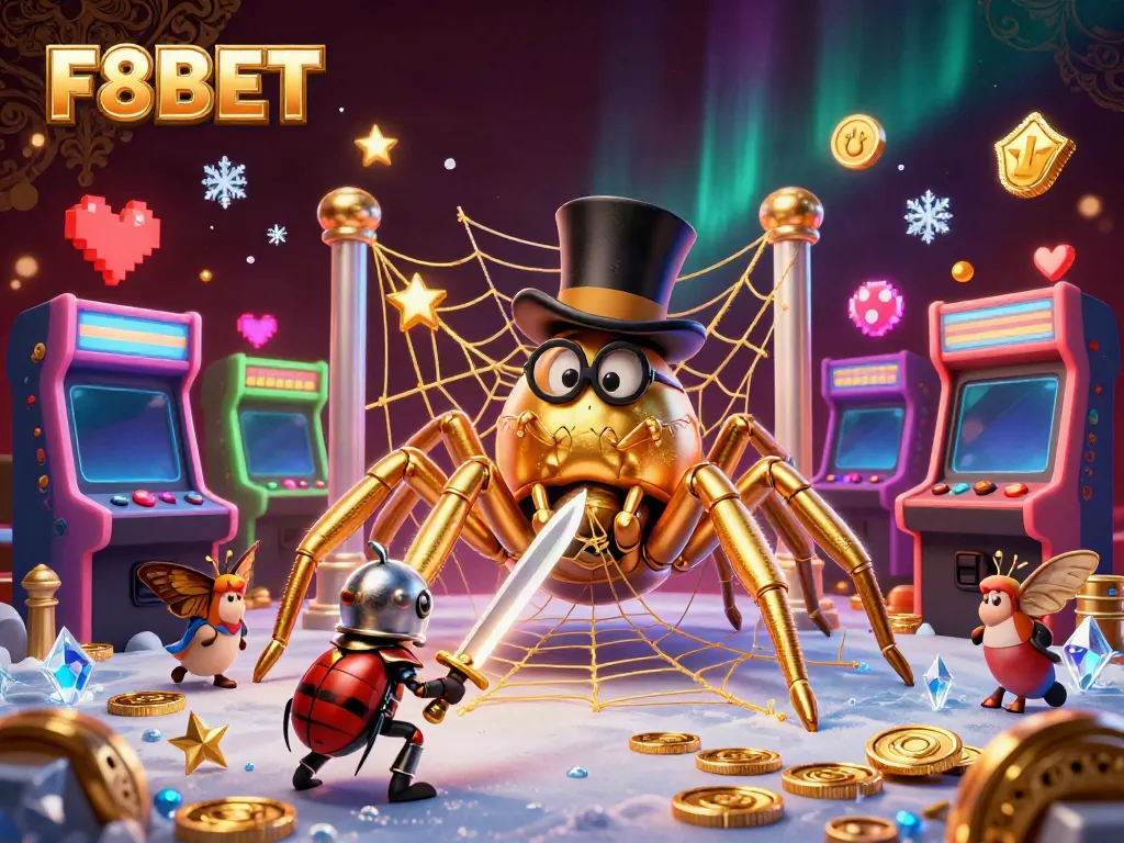 Experience thrilling action at F8BET with a dynamic 3D illustration featuring a golden tarantula and brave beetle knight.
