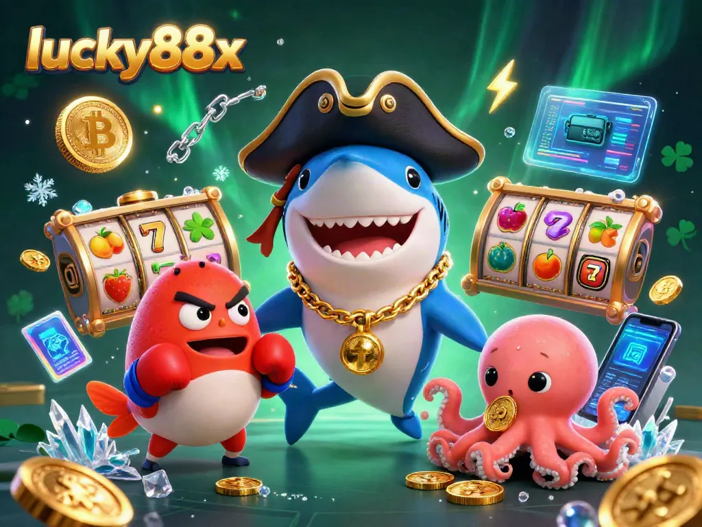 Spin for fortune at lucky88x with a fun cartoon pirate shark and treasures!
