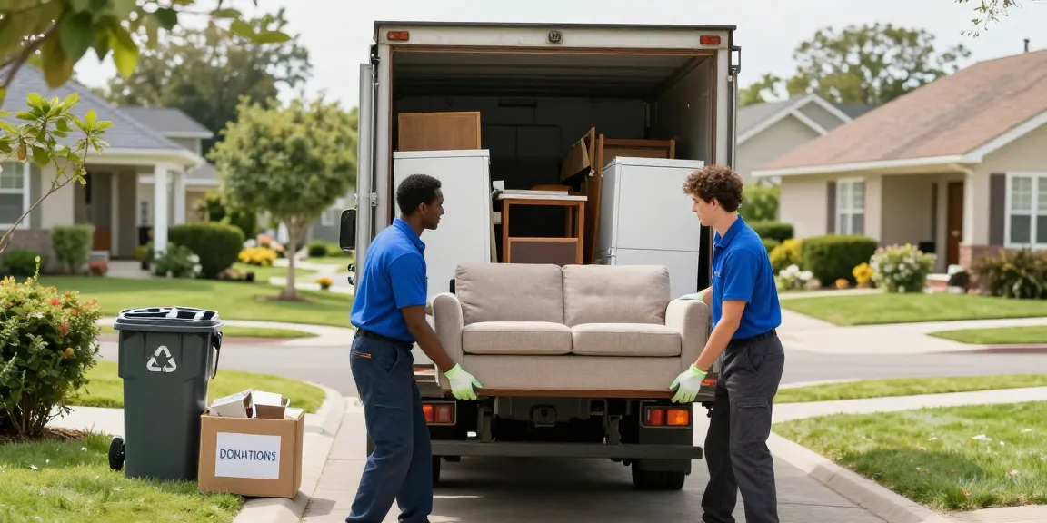 Efficient london house clearance with licensed professionals removing furniture and garden waste in a sunny suburban neighborhood.