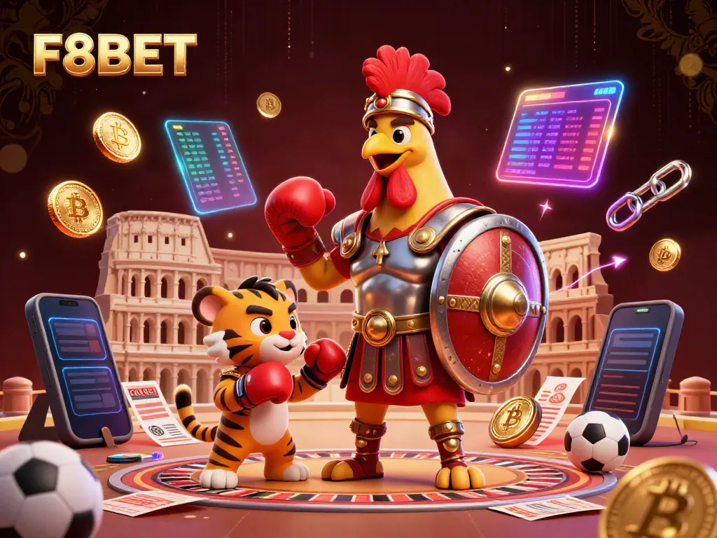 Experience the excitement of F8BET with gladiators, sports betting, and cryptocurrency in this vibrant illustration.