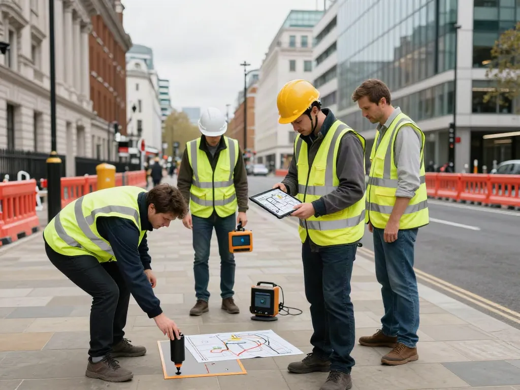 PAS 128 Survey London: Team conducting a professional utility survey with GPR technology in an urban setting.