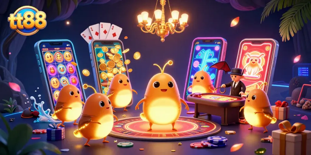 Engage with tt88's vibrant cave casino featuring glowworms illuminating games and a bat dealer.