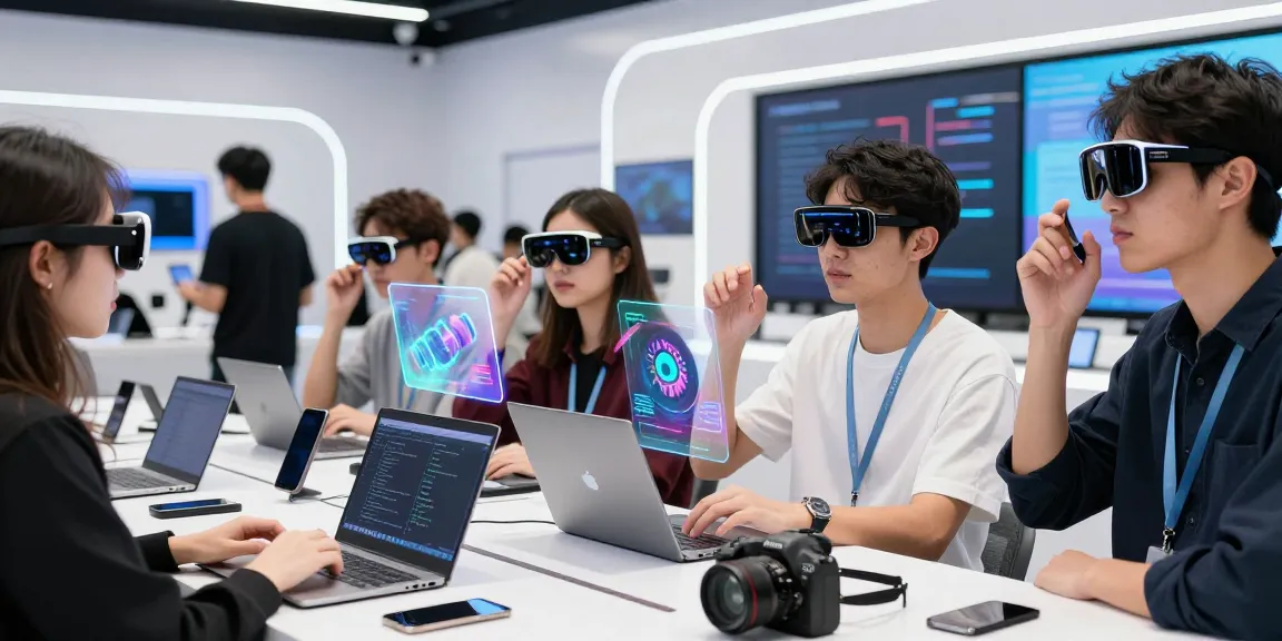 Group of young professionals using smart glasses to interact with augmented reality in a tech showcase.