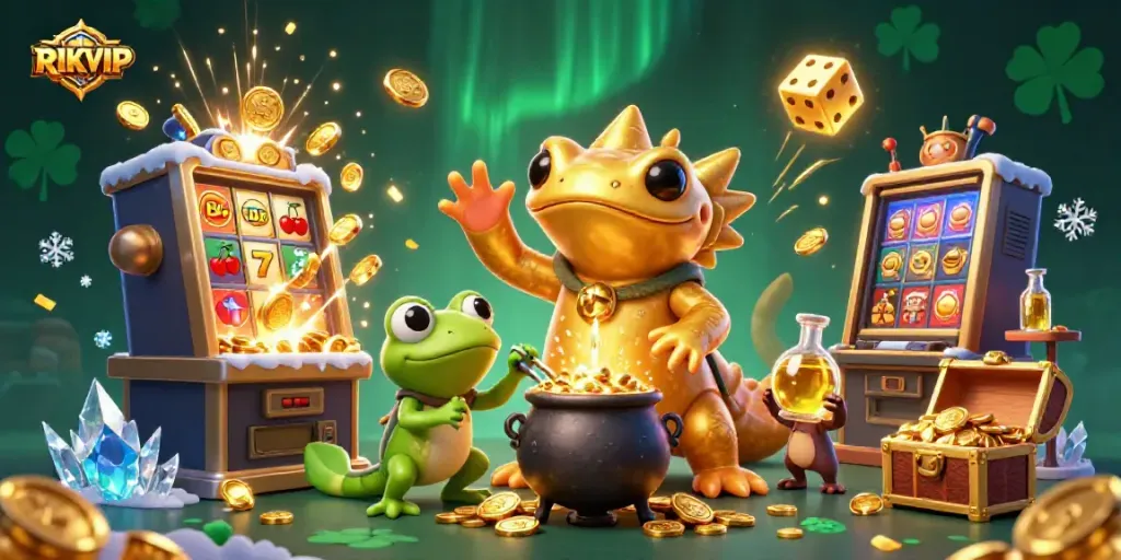 Engage with RIKVIP in a vibrant 3D casino scene featuring alchemists transforming base metals into riches.