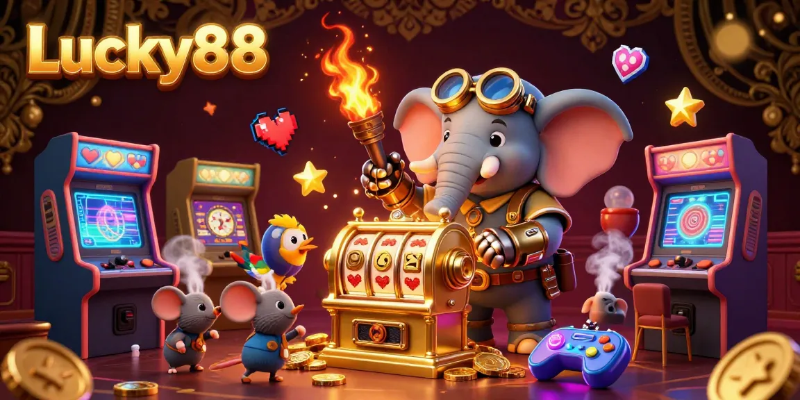 Engage with Lucky88’s thrilling slot machines and colorful arcade elements in this vibrant digital casino scene.