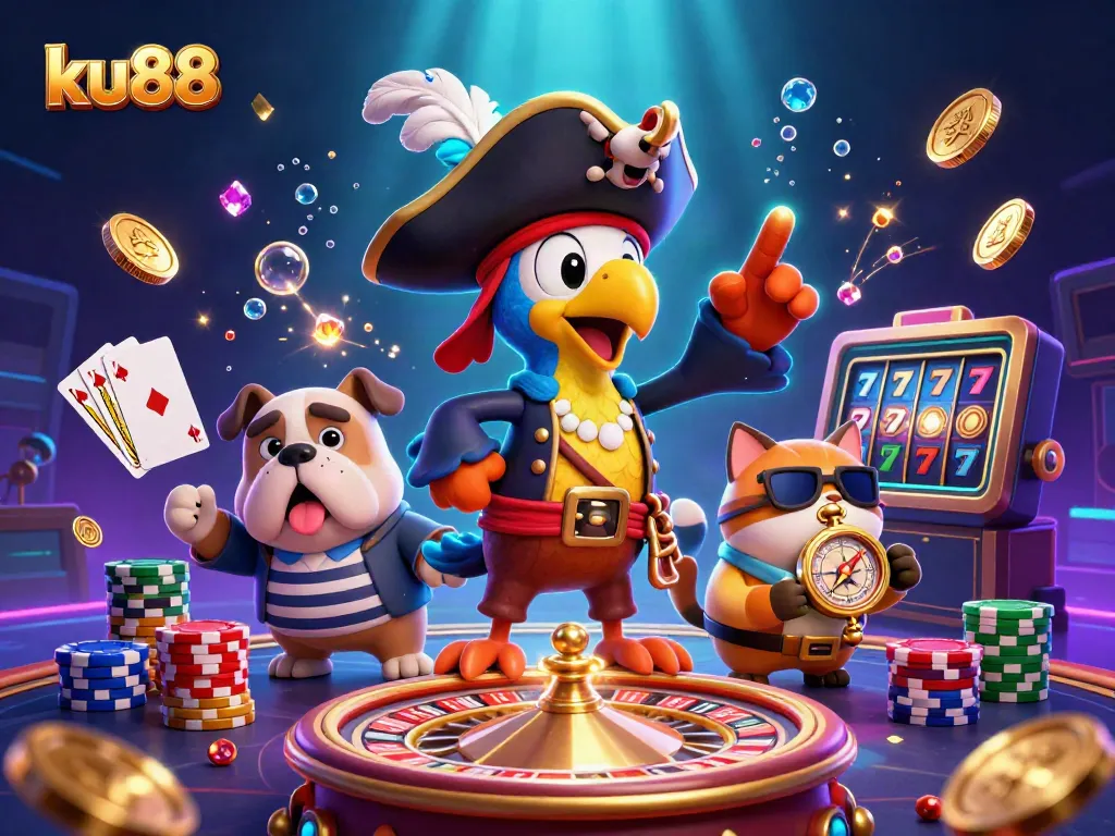 Experience thrilling gameplay at ku88 with pirates, chips, and casino elements in a vibrant 3D scene.