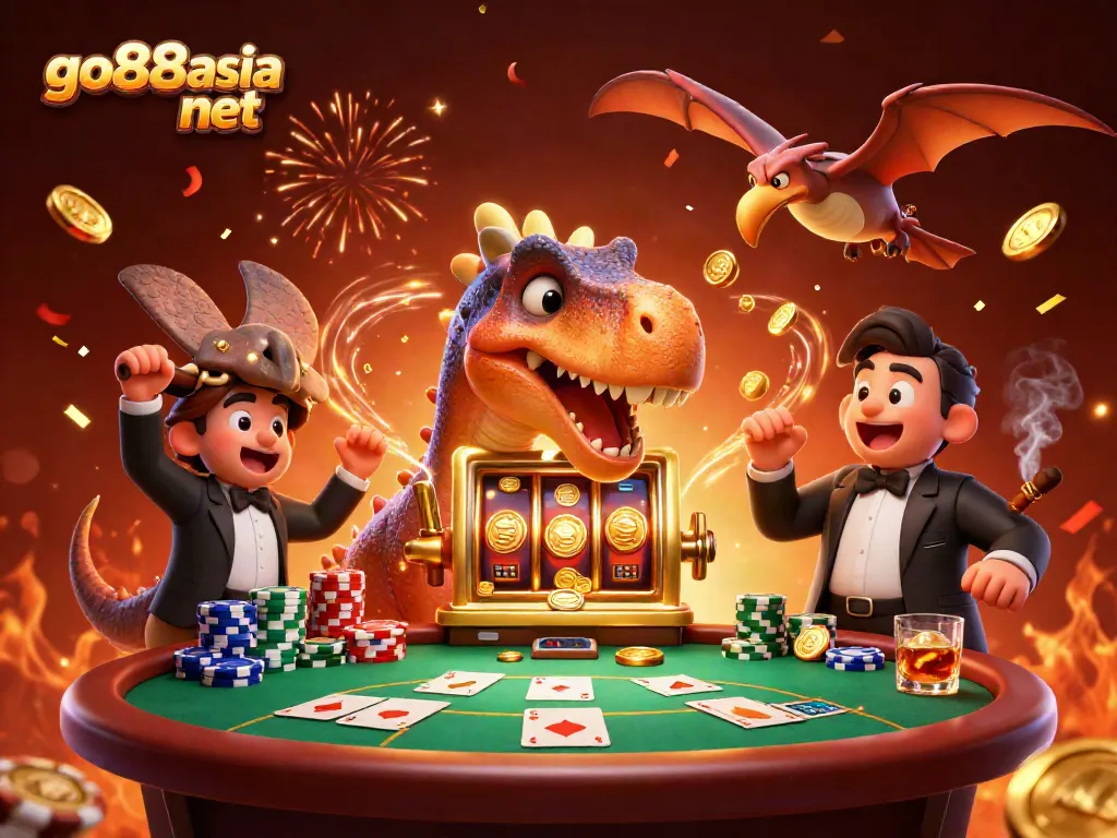Experience thrilling wins at go88asia net as a dinosaur wins jackpot coins from a slot machine!