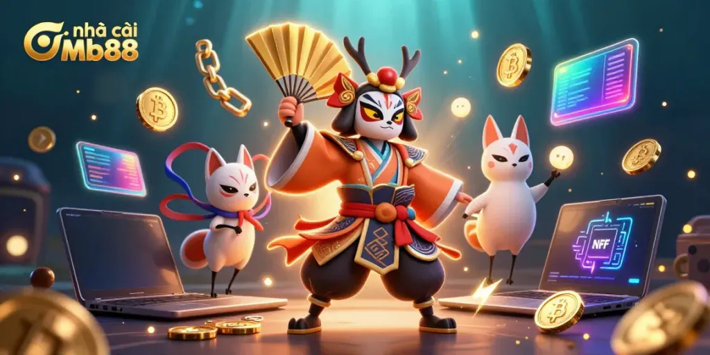 Immerse in the vibrant world of nhạc cái Mb88 with 3D characters and glowing crypto elements.