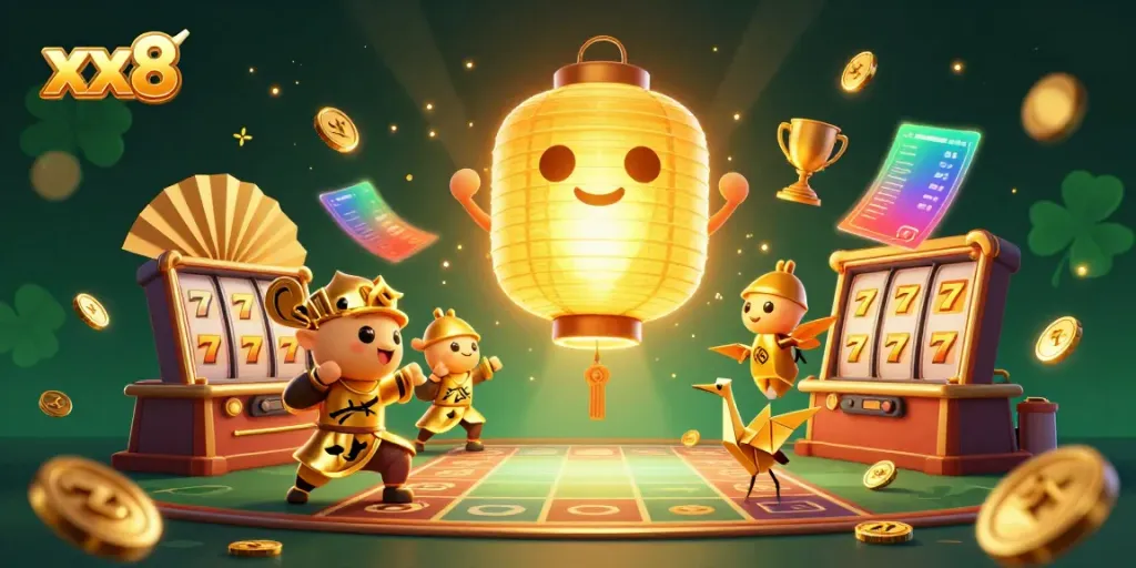 Engage in thrilling gameplay at xx8 with a vibrant casino scene filled with lucky symbols.