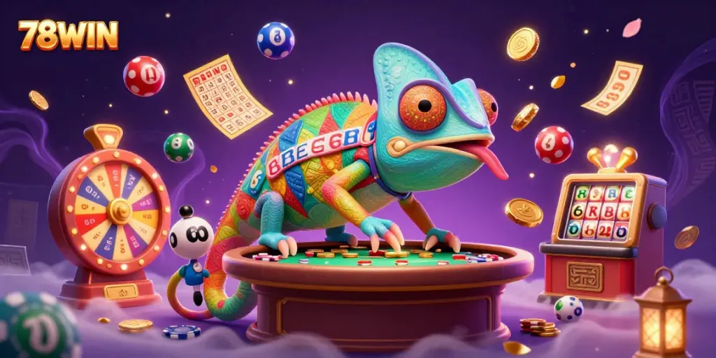 Experience the thrill of 78WIN with a vibrant chameleon casino owner amidst dynamic lottery elements.