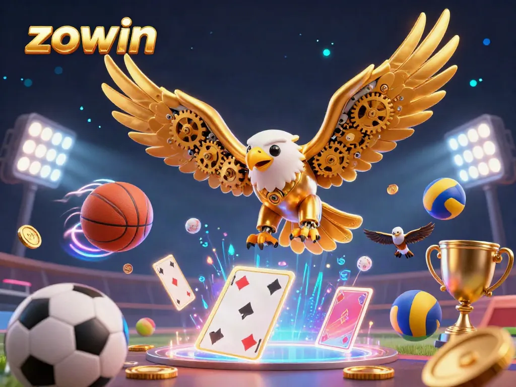 Zowin's engaging world of dynamic gambling, featuring 3D characters amid holographic cards.