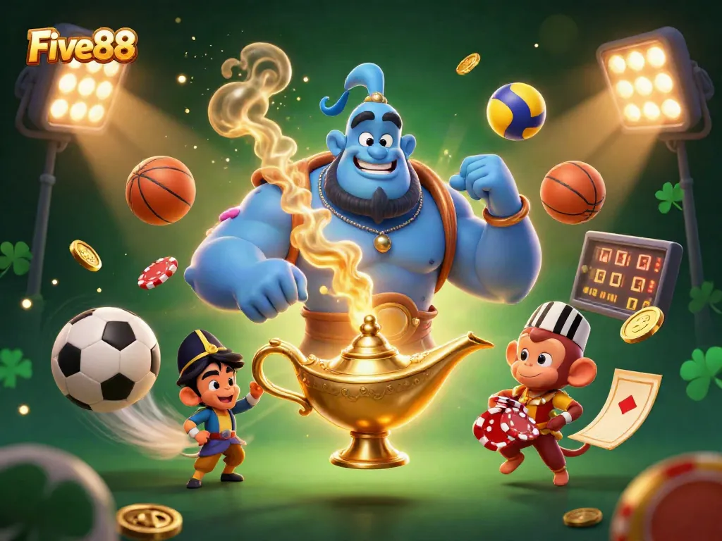 Five88 brings excitement with a lively gambling scene featuring a genie, monkey, and poker chips surrounded by sports elements.