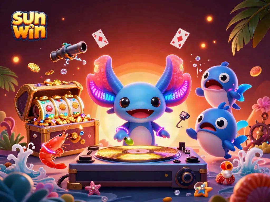 Experience thrill with sun win's vibrant casino-themed underwater scene filled with characters and energetic game elements.