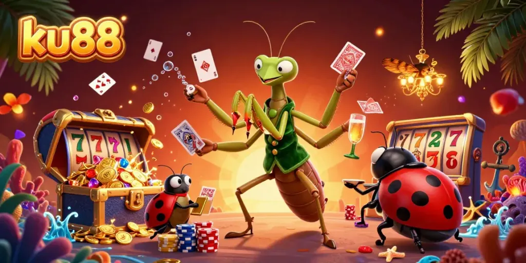 ku88 card sharp character dealing cards and pouring champagne amidst a vibrant casino scene