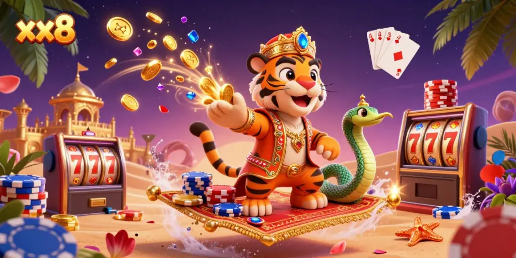 Engage with the thrilling world of xx8 as the cartoon tiger sultan leads jackpot adventures on a poker chip carpet.