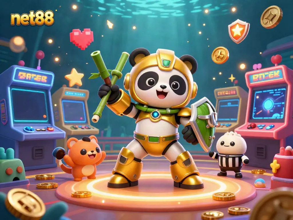 Engage with vibrant casino gaming through net88 with a panda in mech battle amidst cheering animals.
