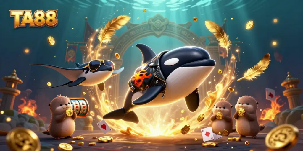 TA88 engaging sea characters celebrate with golden coins and casino elements in vibrant underwater scene.