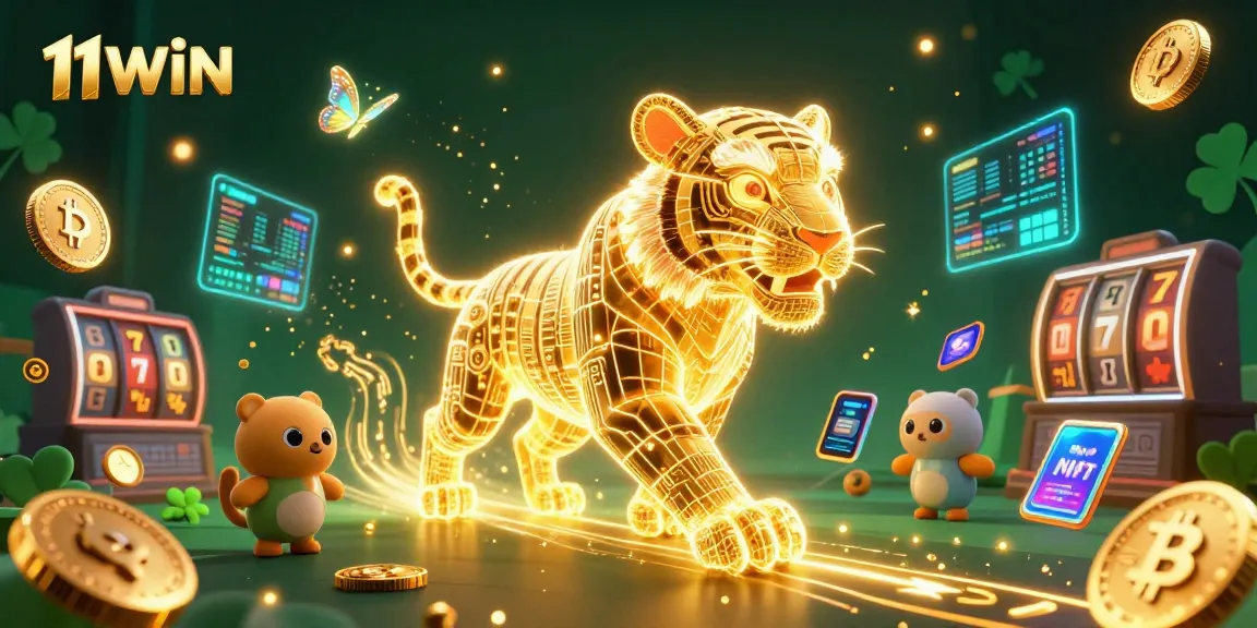 Engage with 11WIN's vibrant crypto casino scene featuring a neon tiger, slot reels, and spangled effects.