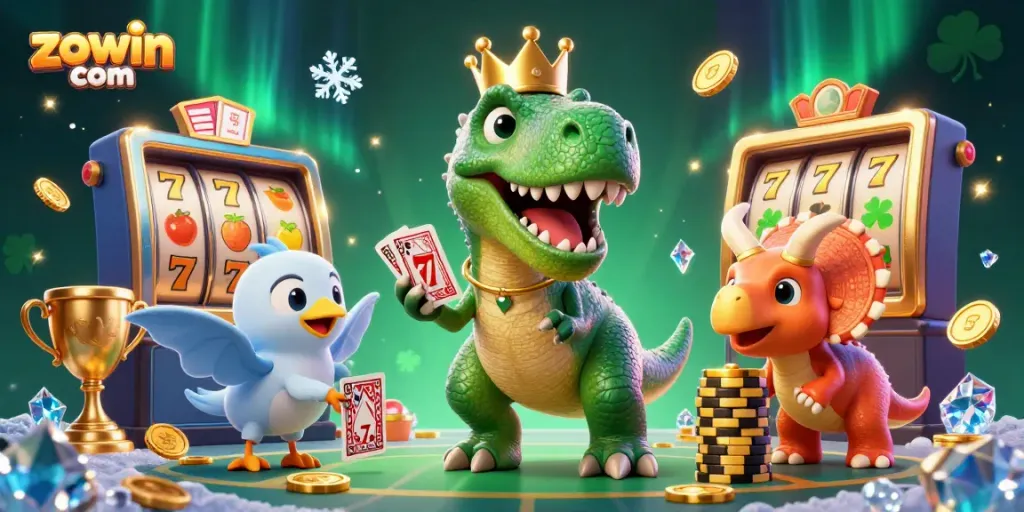Zowin com features a playful T-Rex shuffling cards alongside a pterodactyl, showcasing engaging slots action.