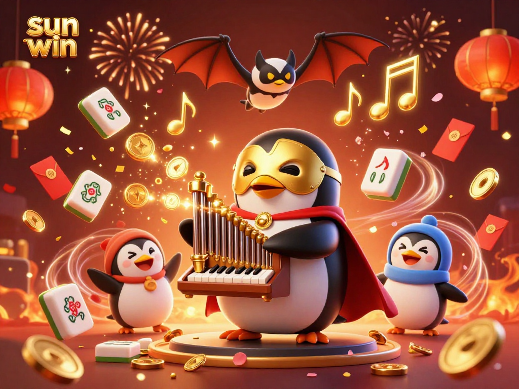 Experience the excitement of sun win with a penguin playing an organ shooting coins in a lively casino scene.