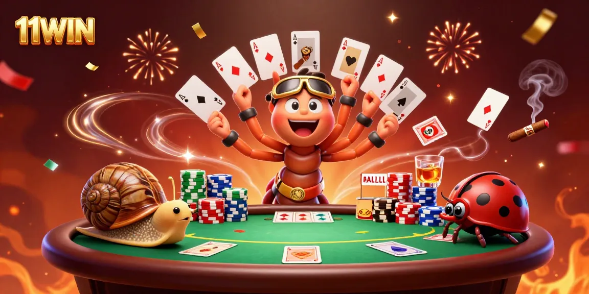 Experience the thrill of 11WIN with a vibrant casino scene featuring a millipede dealer.