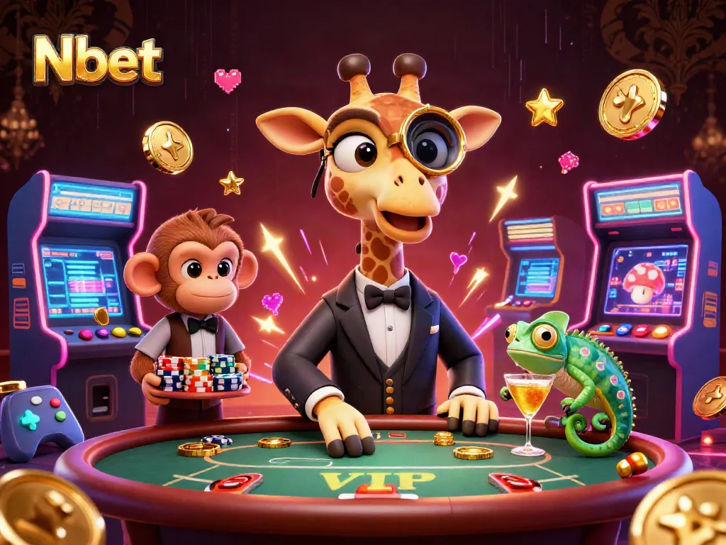 Nbet showcases exclusive casino fun with a giraffe high-roller at a VIP poker table surrounded by energy.