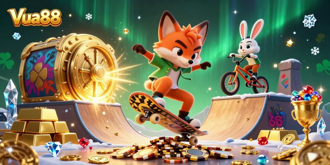 Vua88 players enjoy a vibrant 3D cartoon casino scene with exciting gambling elements.