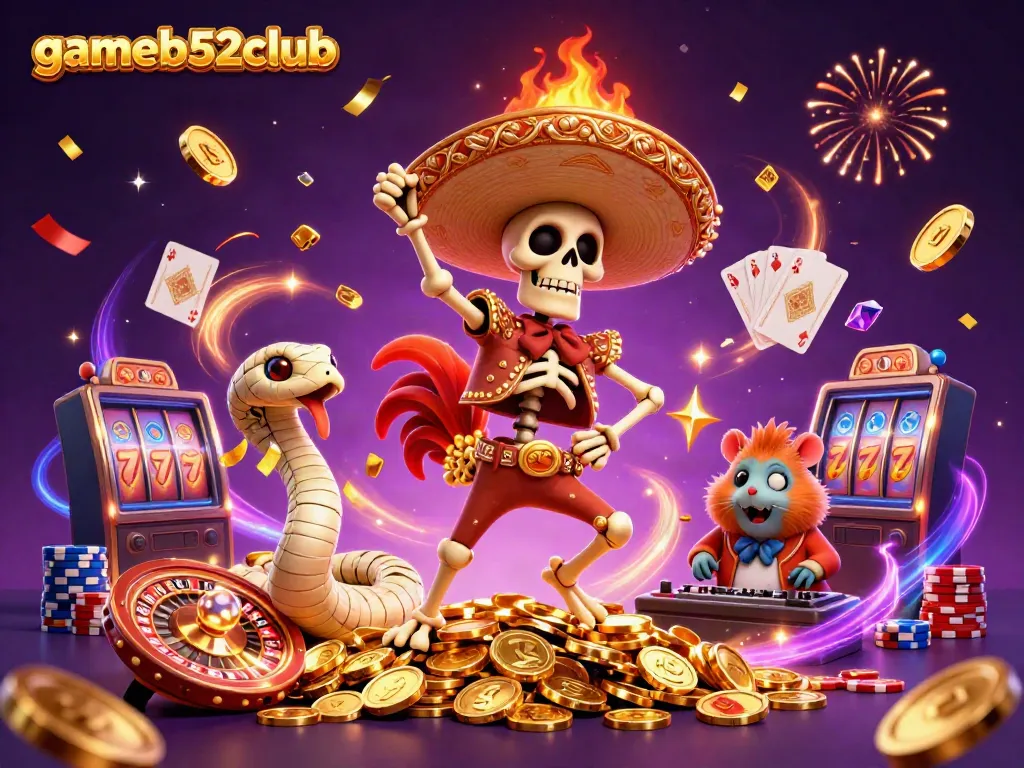 Celebrate wins at gameb52club with vibrant characters in a dynamic casino scene.