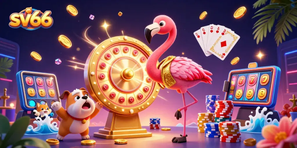 Spin big wins at sv66 with a game host and lively characters in a vibrant casino scene.