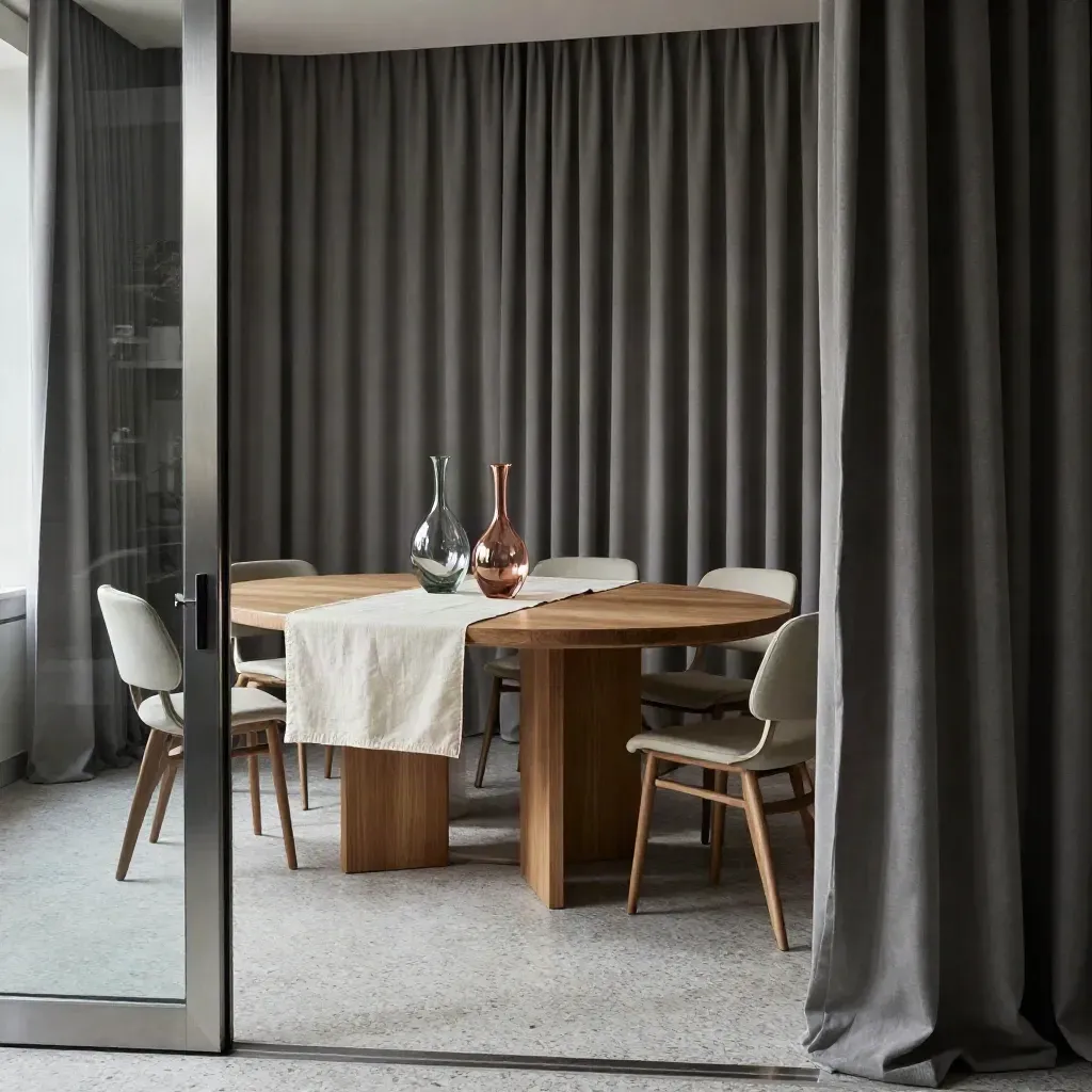 Small glazed meeting room with oval table, drapes, carafes and stacked chairs in shadow.