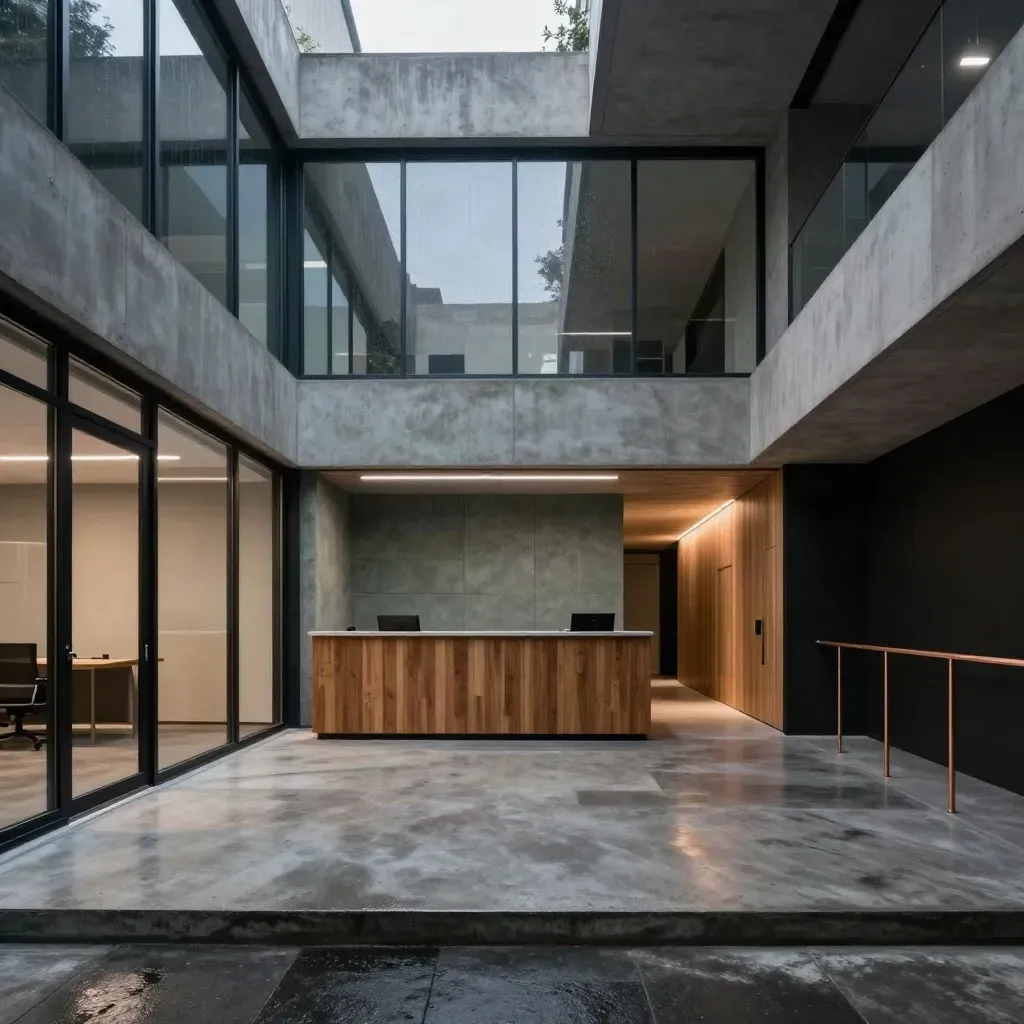 Moody atrium workspace with glazed offices, oak reception, rain sheen, and a warm corridor
