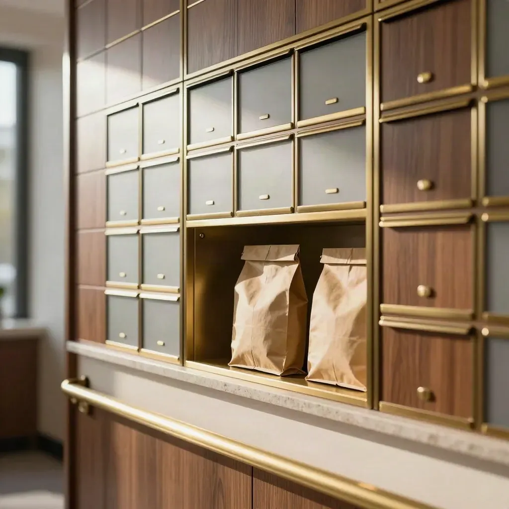 Brass parcel cubbies and frosted locker fronts in a polished virtual office mail wall.