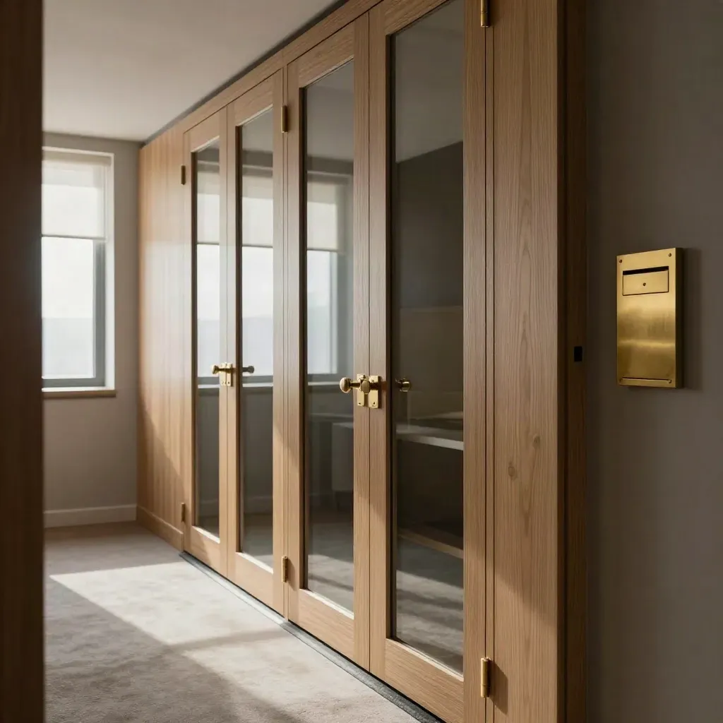 Quiet corridor of soundproof office suites with glazed doors, oak panels and brass mail wall.