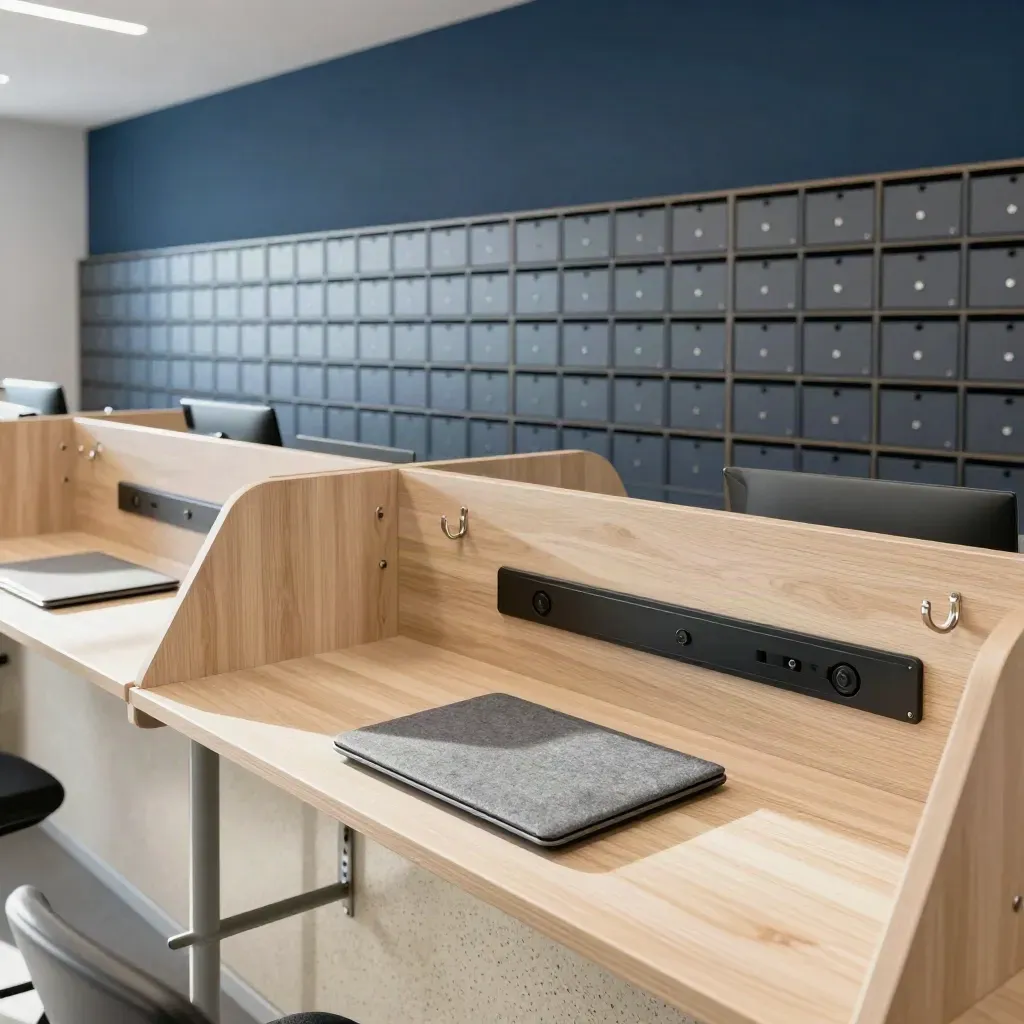 Premium hybrid office base with hot-desk banks, mail cubbies and navy accents