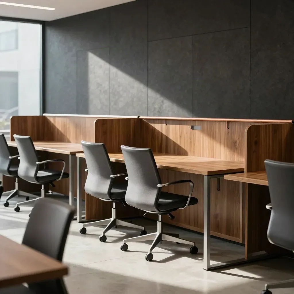 Finished agency office with aligned desks, acoustic panels, pristine chairs, and raking handover light.