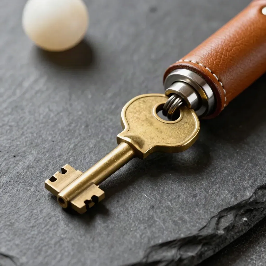 Macro brass office key and access cylinder on a dark slate counter, lit from above.