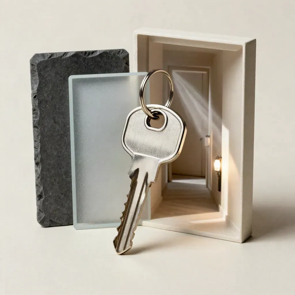 Brushed key ring, slate corridor card, frosted glass sample and tiny hallway light on pale plaster
