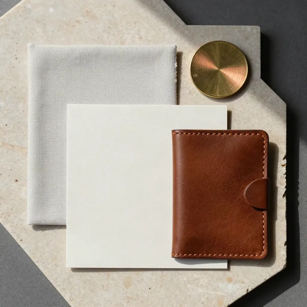 Overhead flatlay of swatches, brass token and leather sleeve on pale limestone.