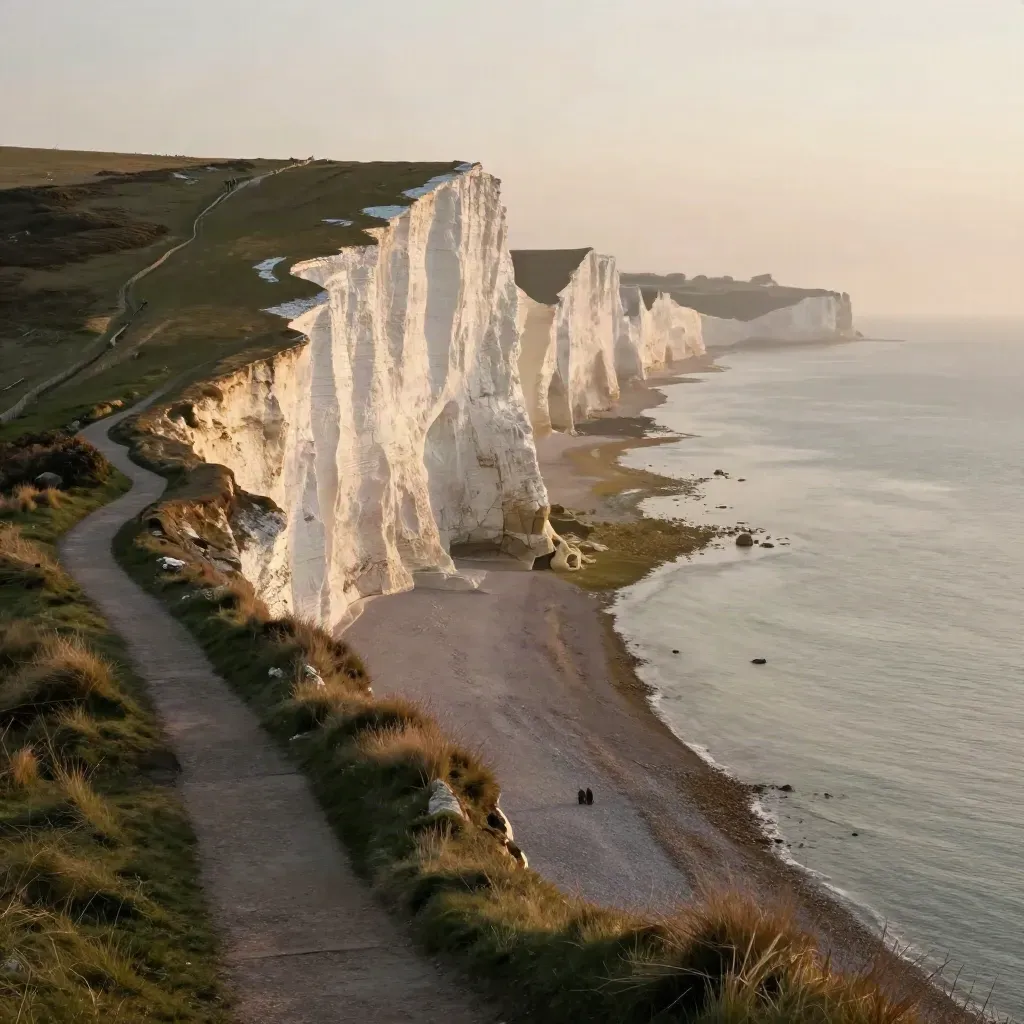 Golden-hour Seven Sisters cliffs above a misty South East coastline