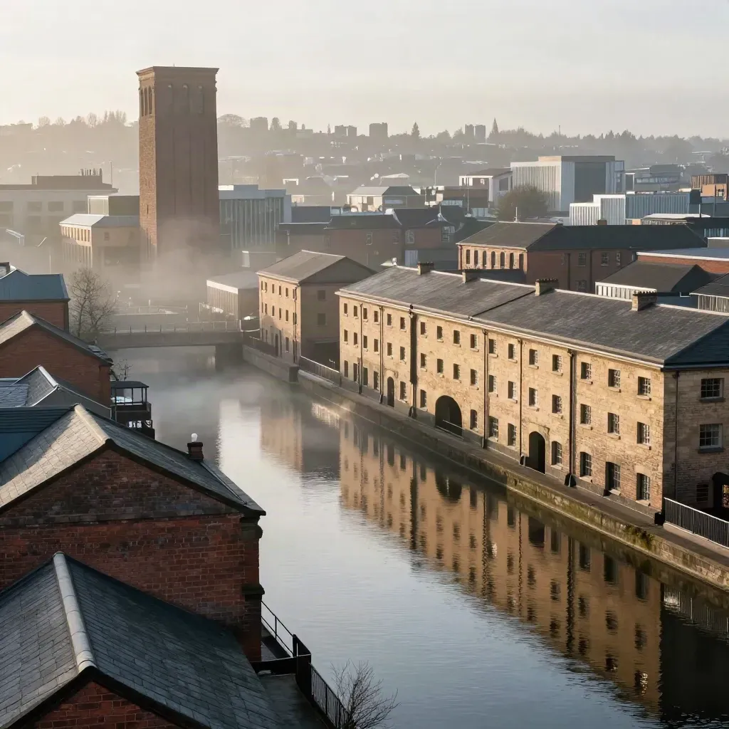 Misty Birmingham skyline above calm canal water, with glowing towers and soft dawn haze
