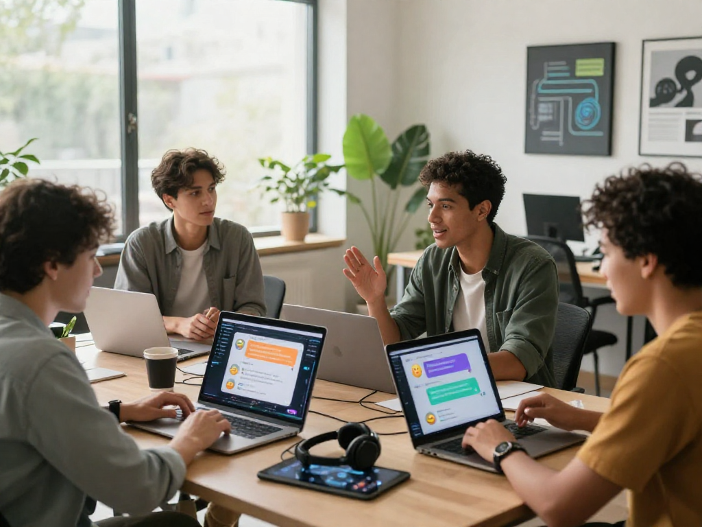 Engaging digital workspace scene showcasing nsfw ai chat interactions among diverse individuals.