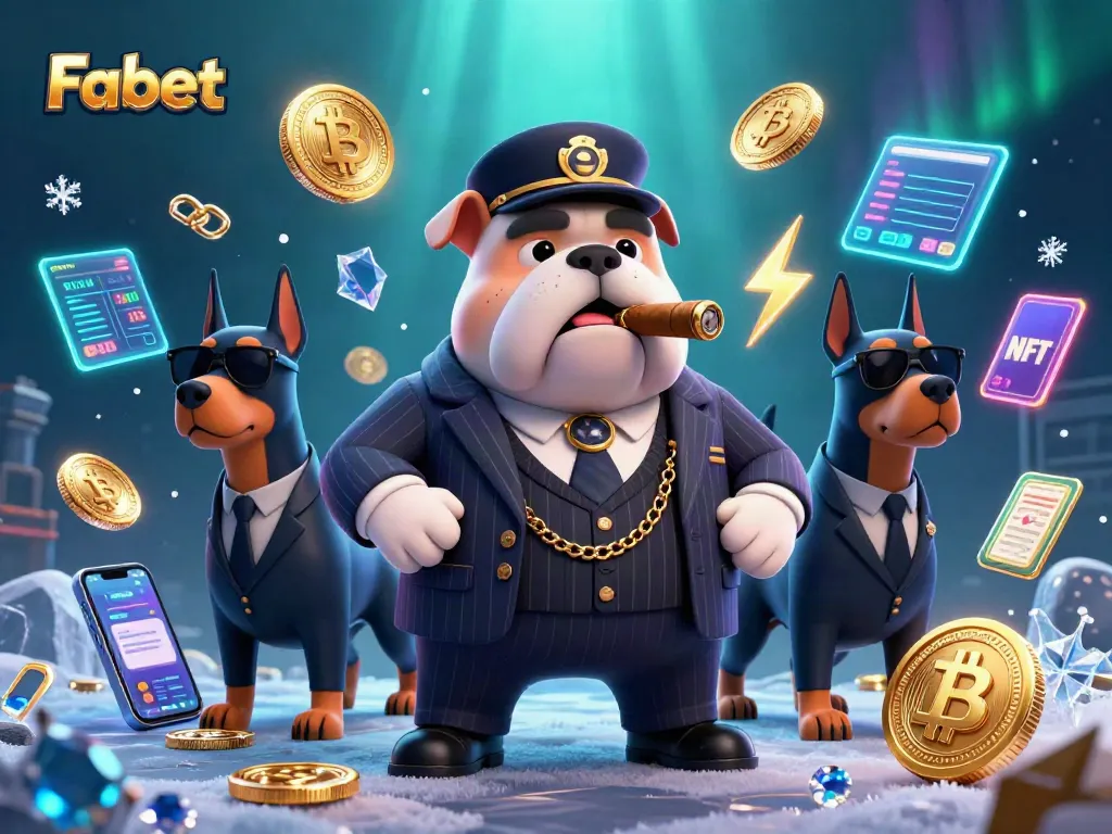 Fabet transforms gambling with a dynamic illustration of a cartoon mafia bulldog and two Doberman bodyguards amidst glowing crypto coins.