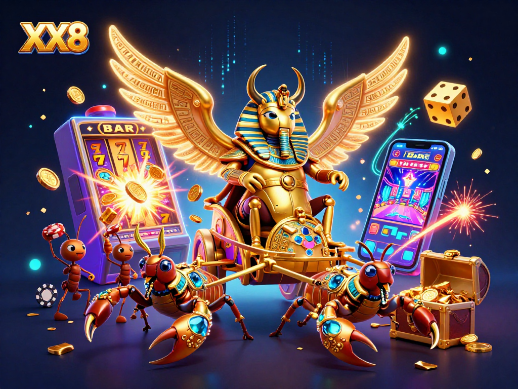 Experience the exciting XX8 platform with a golden beetle championing a casino adventure filled with vibrant slot machines and treasures.