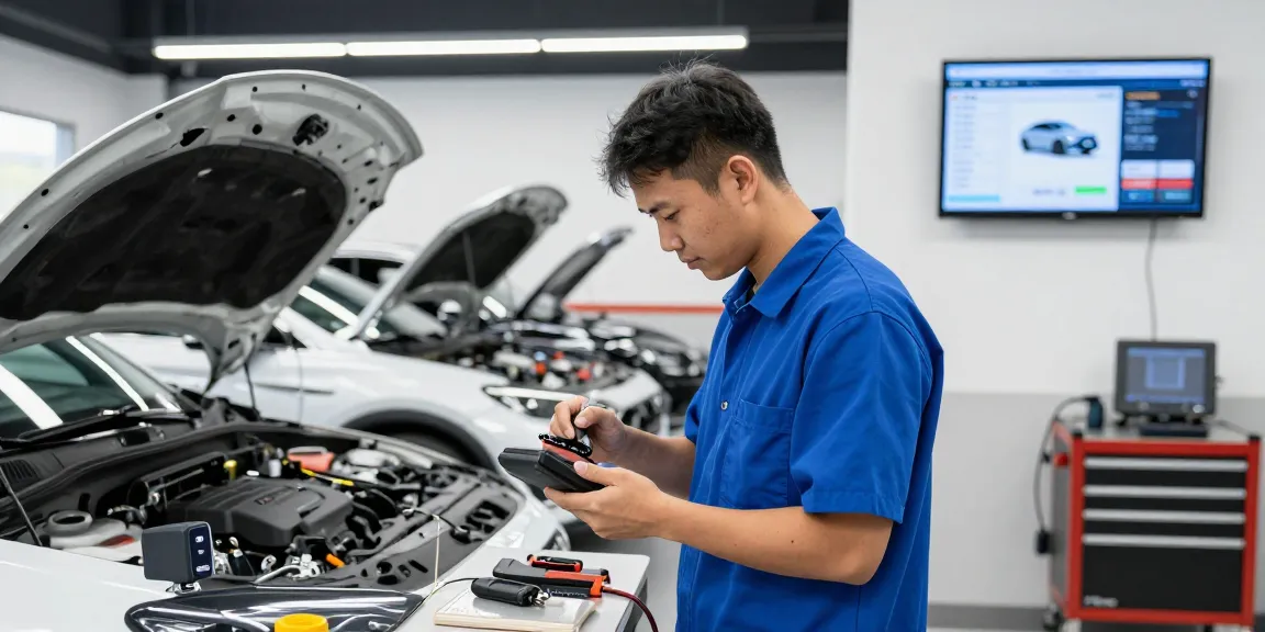Car Key Programming Raleigh showcased in a modern garage with technician using a programming device.