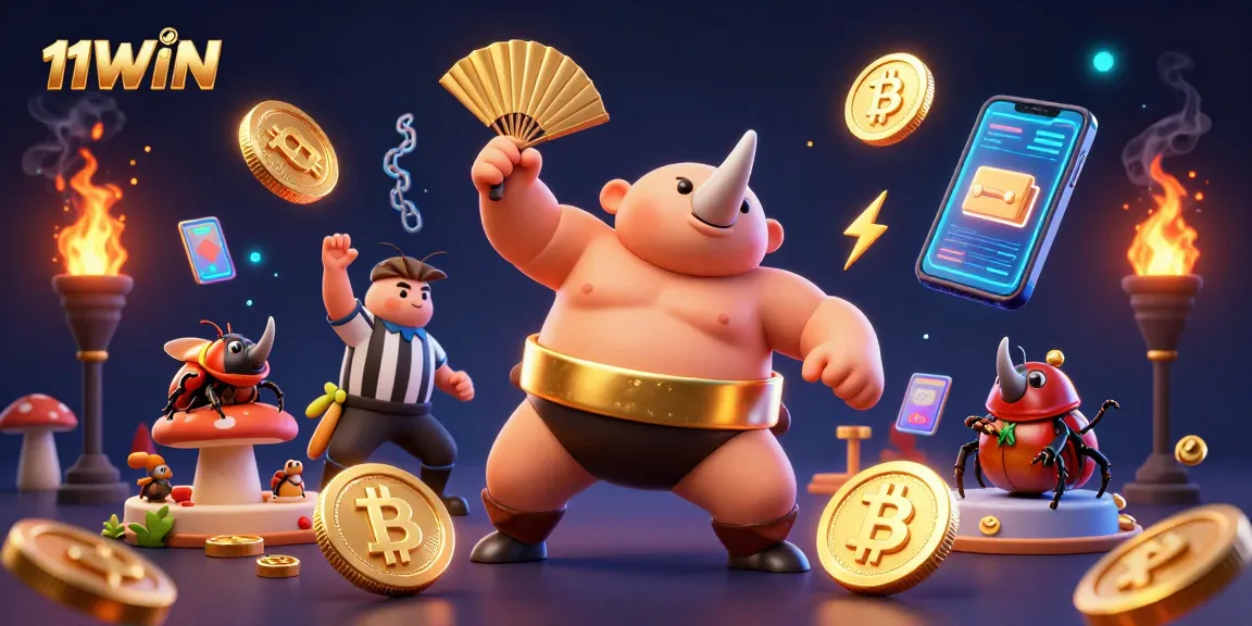 Experience the thrill of 11WIN with a dynamic scene featuring a beetle sumo champion amid gold coins and crypto elements.