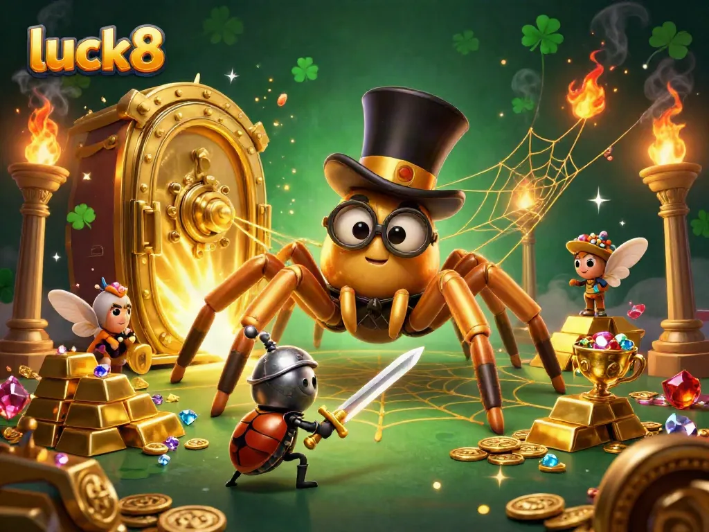 Play slots and win at luck8 with vibrant casino characters and treasures in a magical scene.